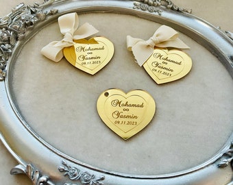 Personalized Heart Mirror Tag For Engagement Or Wedding, Custom Acrylic Name Tag, Elegant Heart Favor Tag, Bridal Shower Decoration