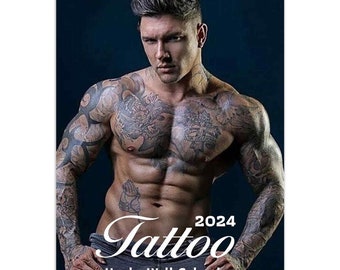 Hot Tattoo Hunks Pinups 2024/25 | Choose Start Month | Calendar | slim dates personalised Wall calendar
