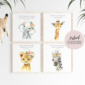 Set of 4 Safari Animal Prints | Bible Verse Nursery Animals | Tropical Nursery Wall Decor | Watercolor Jungle Animals | Baby Shower Gift