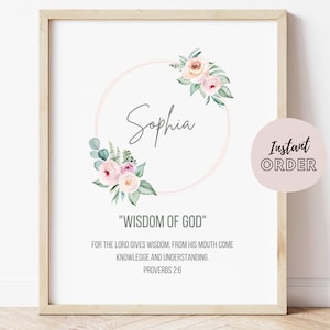 Stampa con il significato del nome Sophia, Definizione del nome biblico, Arte murale con ghirlanda floreale, Regalo personalizzato con nome per bambina, Cartello con il significato del nome biblico