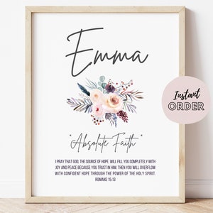Naambord Emma betekenis, naam Emma betekenis betekenis print, meisjesnaam print met bloemen, naam en betekenis, aangepaste naam betekenis afdrukbaar