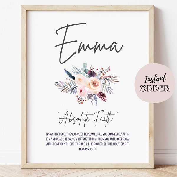 Emma Name Meaning Sign, Emma Name Meaning Print, Girl Name Print with Flowers, Name and Meaning, Custom Name Meaning Printable