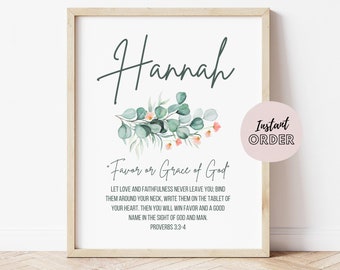 Hannah Name Meaning Sign, Bible Verse Name Definition, Floral Name Design, Christian Wall Art, Birthday Gift for Her, Name Meaning Printable
