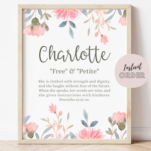 Significado del nombre Charlotte, Impresión del significado del nombre, Significado de Charlotte, Regalo para Charlotte, Signo floral con el significado del nombre, Arte con el significado del nombre de niña,
