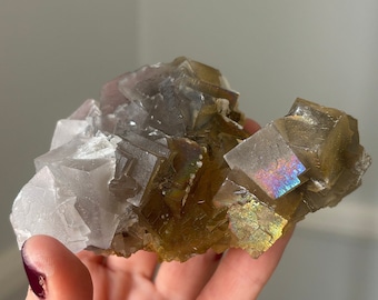 Iridescent fluorite, large, beautiful lavender translucent fluorite, natural iridescent coating, perfect fluorite cubes, Pakistan