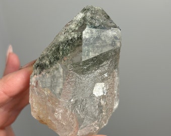 Himalayan quartz, fantastic optically clear cathedral point, gunmetal rutile, large key, chlorite tip, stunning, large piece, 195 g