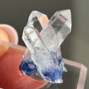 Perfect dumortierite in quartz, beautifully composed triple quartz points, bright blue dumortierite, Brazil