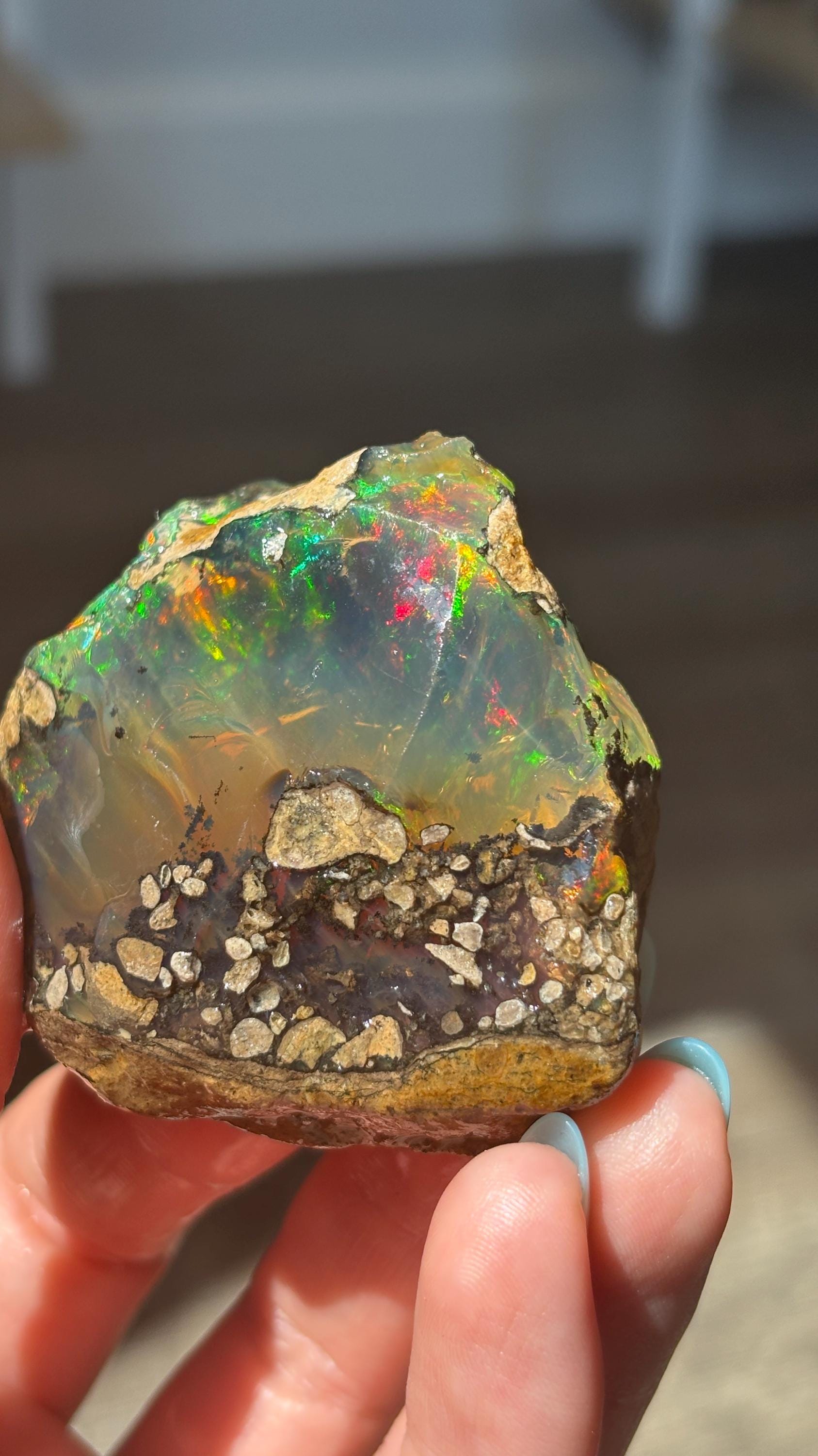 Rainbow Flash Ethiopian Opal, Water Suspension Display, Large Hydrophane Opal with Jelly Beads & Jar, Large, Super Flashy