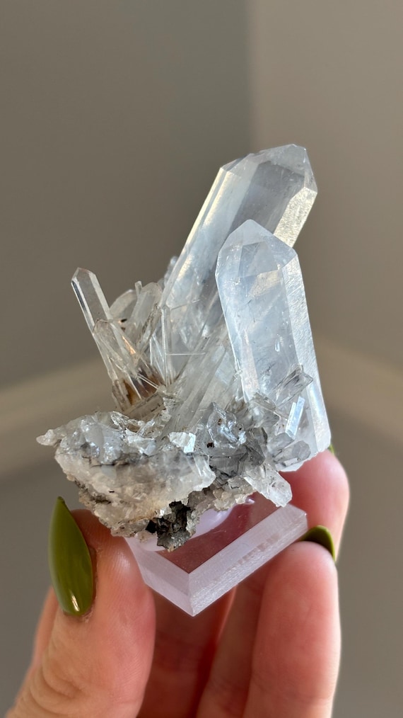 Blue Smoke Quartz Cluster: Gray-Blue Points with Needle Quartz, Hazy Inclusions, Soothing Color, Acrylic Base Display, Colombia