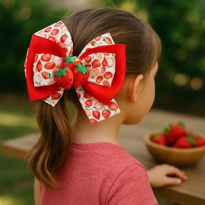 Strawberry Hair Bow for Girls – 4” Stacked Summer Bow with Sequin Strawberry – Hair Clip, Headband, or Hair Tie