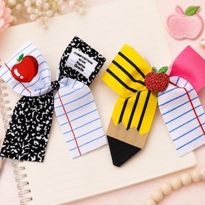 Handmade School Hair Bow, Notebook, Pencil, Apple Designs, Back to School Accessory