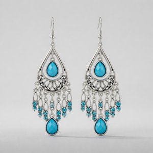 May include: A pair of silver-toned chandelier earrings with turquoise teardrop-shaped stones. The earrings have a filigree design and smaller turquoise accents hanging below the main teardrop. The earrings are designed to dangle.