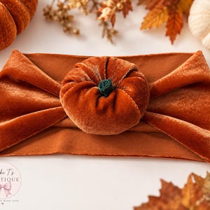 May include: A rust-coloured velvet headband featuring a central, stuffed pumpkin-shaped accent with a small dark green stem. The fabric has a soft, reflective sheen, and the design includes gathered folds on both sides of the central pumpkin element.