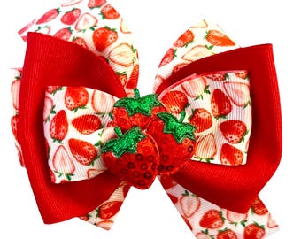 Lazo para el cabello de fresa hecho a mano, con centro de fruta brillante, accesorio de boutique de verano.