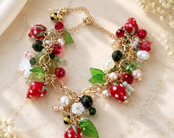 Lampwork Glass Strawberry Jewelry Set | Freshwater Pearl Cottagecore Necklace Bracelet Earrings