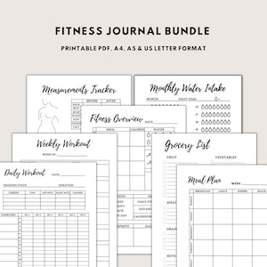 May include: Printable fitness journal bundle with pages for tracking measurements, weekly workouts, daily workouts, meal plans, grocery lists, and monthly water intake. The pages are black and white with a minimalist design.