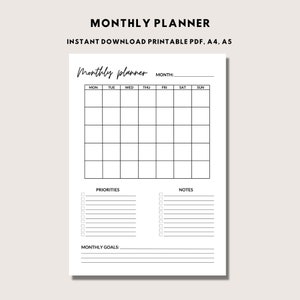 Printable Monthly Planner, Undated Monthly Planner, Month at a glance, Monthly Agenda, Productivity Planner, Undated monthly Inserts