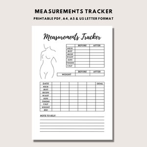 Measurements Tracker Printable, Female Body, Weight Loss Tracker, Fitness Journal, Diet Journal, Healthy Lifestyle, Instant Download