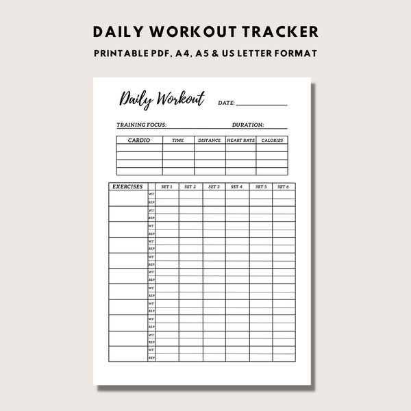 Workout tracker printable, daily workout plan printable, Gym Training log, Fitness planner, Printable PDF, A4, A5, US Letter
