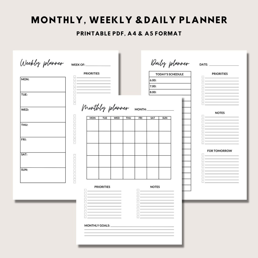 Monthly, Weekly & Daily Printable Planner, Simple and Easy Layout ...
