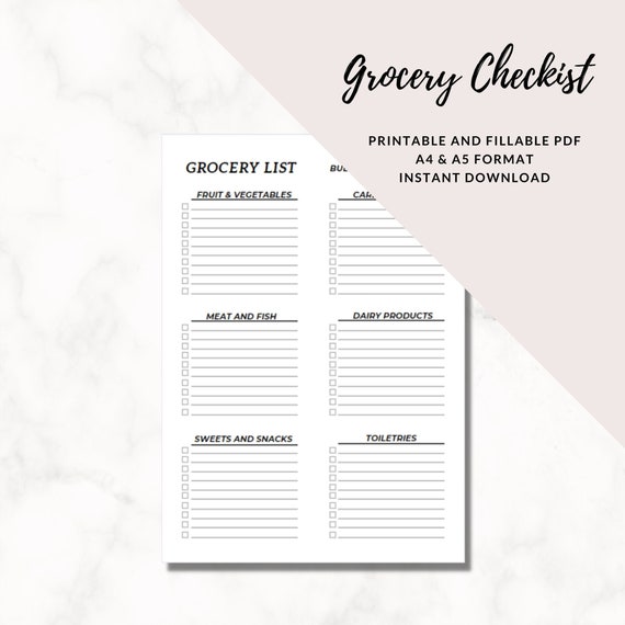 Printable and Fillable Grocery Checklist Shopping List | Etsy