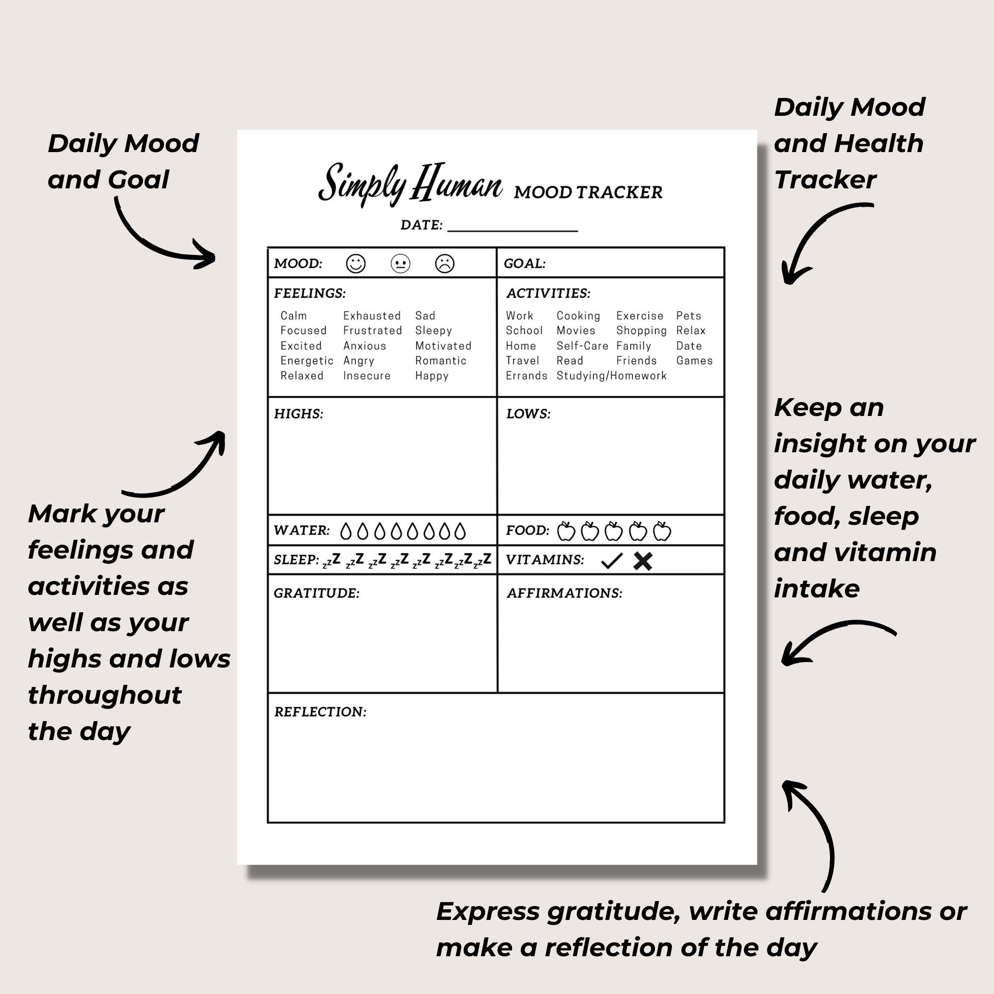 Printable Mood Tracker, Mental Health Journal PDF, Daily Mood Log ...