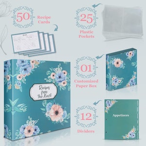 Carpeta de recetas personalizable, organizador de 50 tarjetas de recetas de 4 x 6 pulgadas, antidesgarro, incluye 50 y 25 bolsillos de plástico, elegante cubierta floral.
