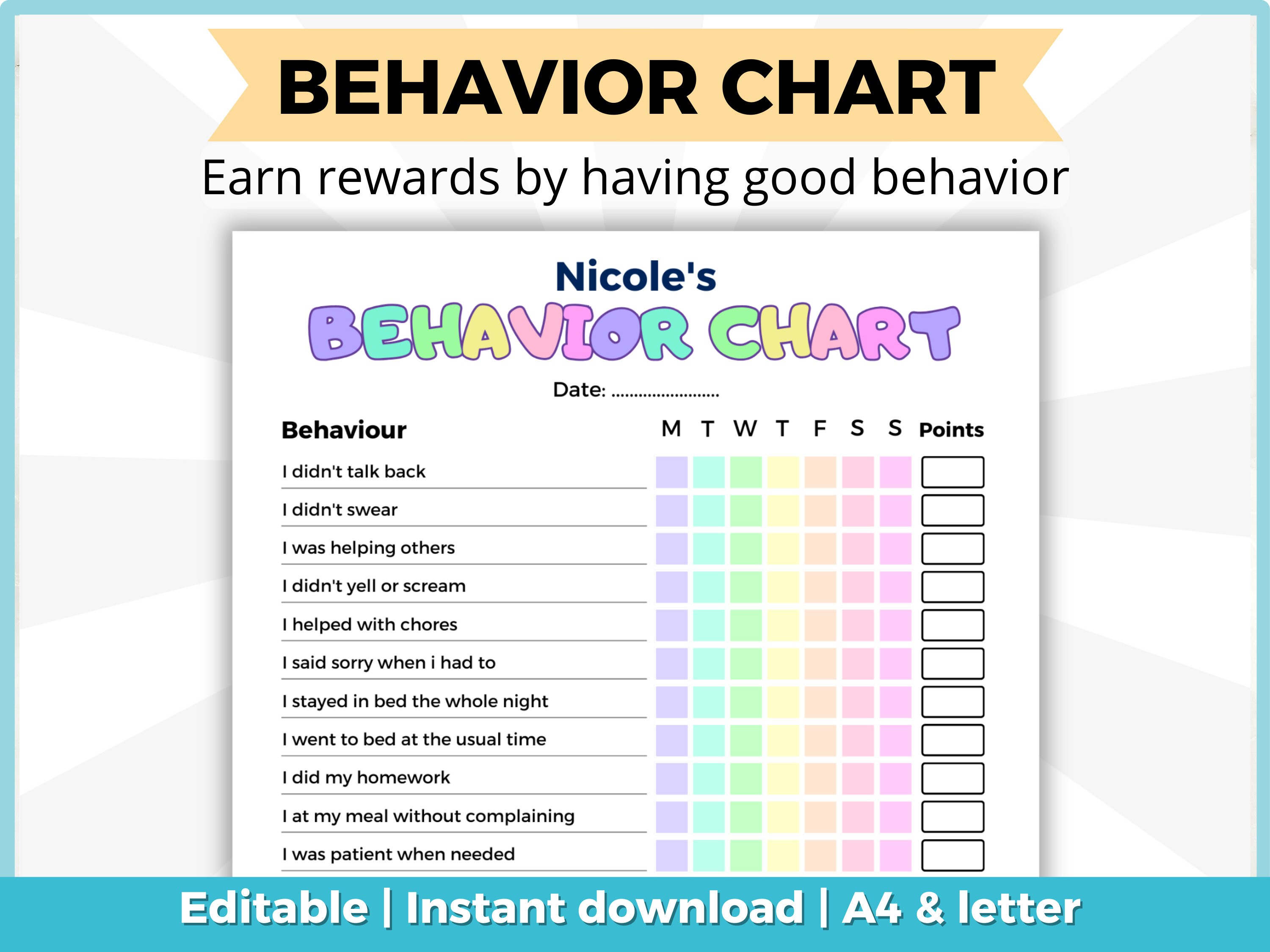 Behavior Chart, Chore Chart for Kids Routine List, Responsibility ...