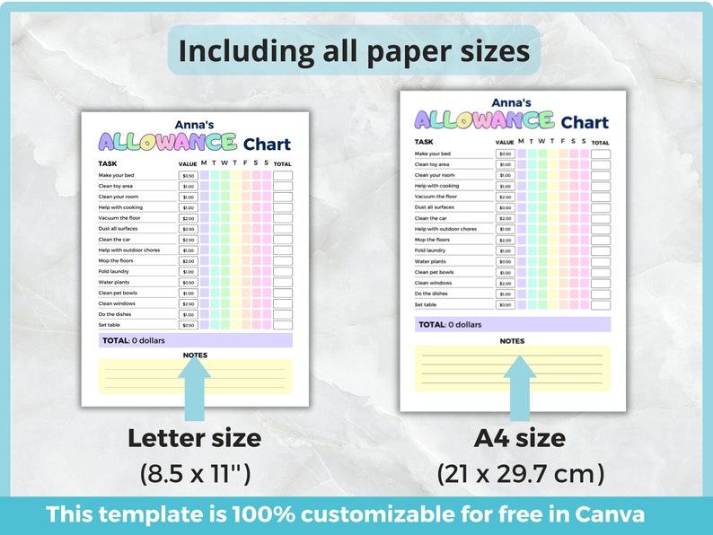 Allowance Part List Example Allowance Tracker, Chore Chart for Kids, Daily, Weekly Checklist ...
