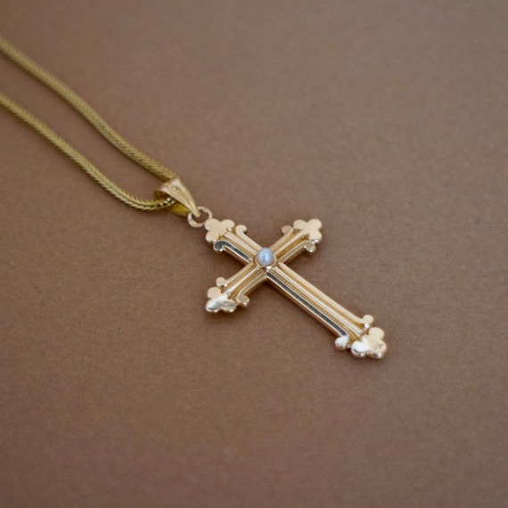 CHAINE  OR 18K et Croix Bizantine ornée d'une per… - image 1