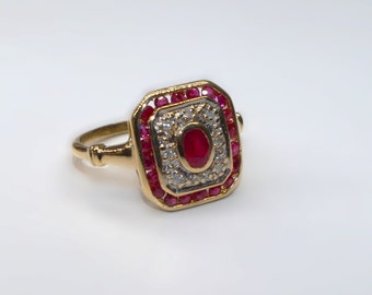 18K Gold Art Deco Rubin- und Diamantring, alter Rubin-Verlobungsring
