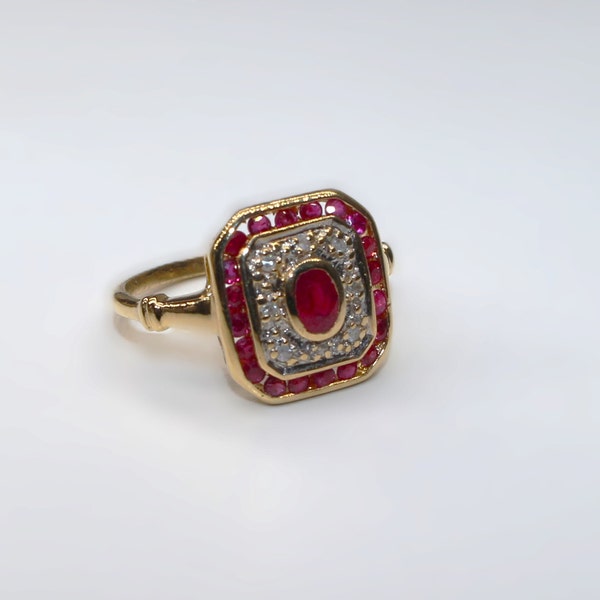 Bague or 18K Art Deco rubis et Diamants, Bague de fiancaille Ancienne Rubis