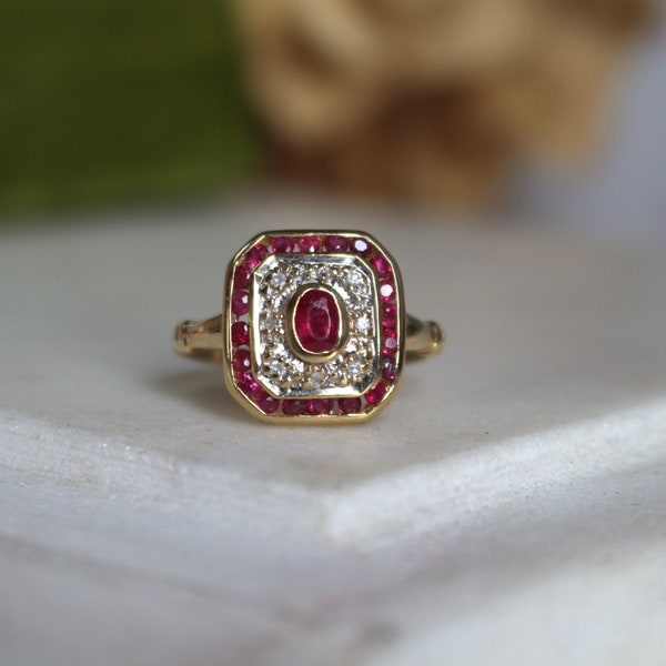 18K Gold Art Deco Ruby and Diamond Ring, Old Ruby Engagement Ring