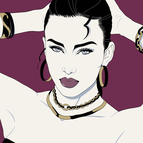 Patrick Nagel inspired pin up model printable portrait 80s style