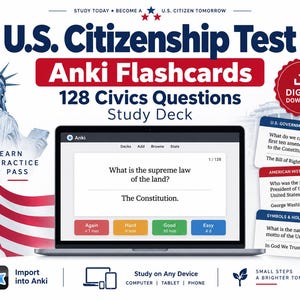 Könnte beinhalten: Ein digitales Lernkartenset für den U.S. Citizenship Test mit 128 staatsbürgerlichen Fragen. Die Grafik zeigt einen Laptop-Bildschirm mit einer Anki-Karte, die die Frage, What is the supreme law of the land? und die Antwort, The Constitution, enthält.