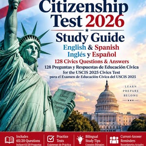 May include: A U.S. Citizenship Test 2026 study guide book cover featuring the Statue of Liberty, the U.S. Capitol building, and an American flag. The text includes 128 Civics Questions & Answers for the USCIS 2025 Civics Test by T.G. Newcomb.