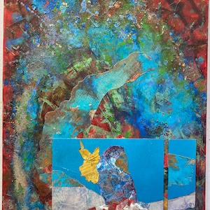 May include: Abstract mixed media painting with blue, red, and gold accents. The painting features a layered collage of paper and paint, creating a textured and dynamic surface.
