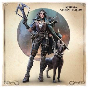 May include: A woman in a blue and brown outfit holds a crossbow and is accompanied by a large black dog. The woman has a patch over her left eye and is wearing a necklace with a cross pendant. The text "ATHENA STORMHAILOW" is written in the upper right corner of the image.
