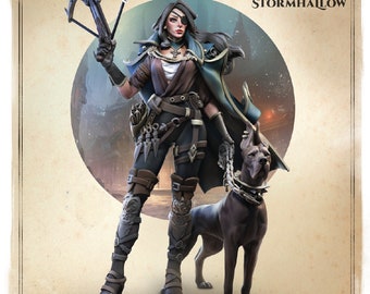 May include: A woman in a blue and brown outfit holds a crossbow and is accompanied by a large black dog. The woman has a patch over her left eye and is wearing a necklace with a cross pendant. The text "ATHENA STORMHAILOW" is written in the upper right corner of the image.