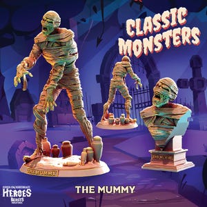 May include: A set of three miniature figures of a mummy, including a full-body standing figure, a rear view of the figure, and a bust on a pedestal. Each figure is wrapped in bandages and features the text THE MUMMY on the base.