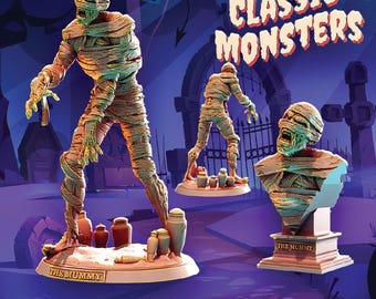 May include: A set of three miniature figures of a mummy, including a full-body standing figure, a rear view of the figure, and a bust on a pedestal. Each figure is wrapped in bandages and features the text THE MUMMY on the base.