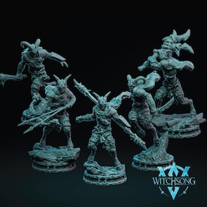 May include: Five gray, detailed miniature figurines of horned creatures, each holding a weapon and standing on a circular base. The bases are textured and have a rough, stone-like appearance. The figurines are posed in dynamic stances, suggesting action and movement. The background is black.