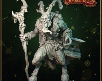 May include: A gray painted miniature figurine of Krampus, a mythical creature with goat legs, horns, and a long beard, holding a staff with bells. The figurine is wearing a fur-trimmed robe and has a chain around its waist. The figurine is set against a green background with snowflakes.