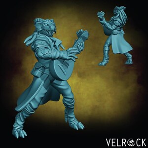 May include: Two blue-gray fantasy figurines. One figure is playing a lute, while the other is holding a small object. Both figures have reptilian features and are wearing armor and clothing. The figures are set against a dark background.