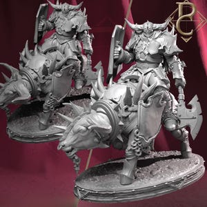 May include: A detailed grey figurine of a warrior in ornate armour, wielding an axe and shield, riding a horned beast. The beast is covered in spikes and the warrior has a horned helmet. The figurine is on a decorative base.