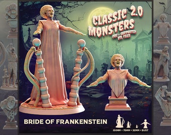 May include: A 3D printed model of the Bride of Frankenstein from the classic horror movie. The model is posed with her arms outstretched and is wearing a long, flowing gown. The model is 150mm tall and comes with pre-supported STL files for 3D printing.