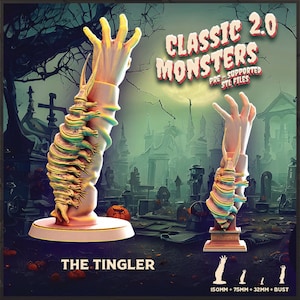 Puede incluir: Un modelo impreso en 3D de un brazo monstruoso con una mano que se extiende hacia arriba, llamado "The Tingler". El modelo está impreso en color rosa claro con un patrón amarillo y verde. El modelo forma parte de un conjunto de "Classic 2.0 Monsters" y está disponible en tres tamaños: 150 mm, 75 mm y 32 mm.