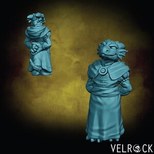 May include: A blue and green miniature figurine of a dragon-like creature wearing a long robe with a circular symbol on the chest. The figurine is standing with its hands clasped in front of it.