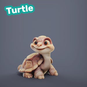 Puede incluir: Una figura de tortuga de dibujos animados con un caparazón marrón claro y una cara sonriente. La palabra "Turtle" está escrita en letras blancas dentro de una burbuja turquesa encima de la tortuga.
