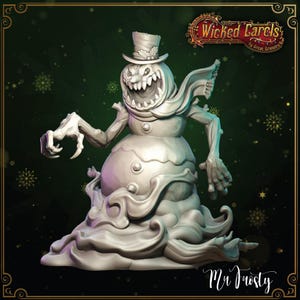 May include: A white, menacing snowman with a top hat and a scarf, melting into a puddle of ice. The snowman has a wide, toothy grin and clawed hands. The text "Mr. Frosty" is written below the snowman.